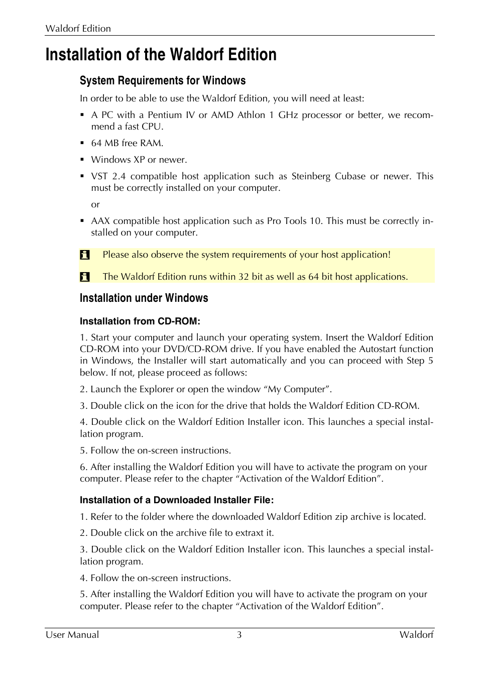 Installation of the waldorf edition, System requirements for windows, Installation under windows | Waldorf Edition User Manual | Page 3 / 88