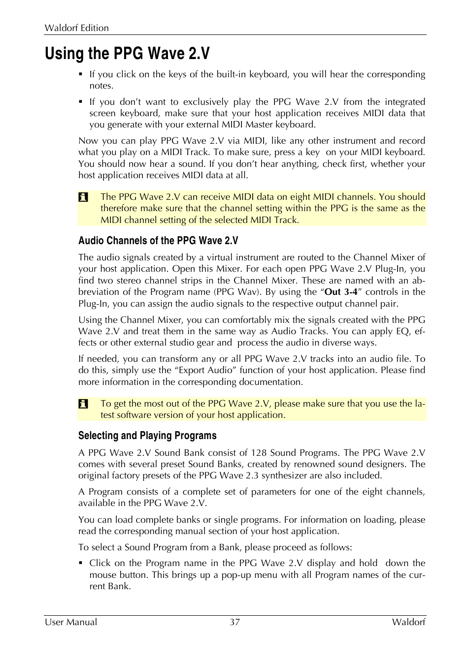 Using the ppg wave 2.v, Audio channels of the ppg wave 2.v, Selecting and playing programs | Waldorf Edition User Manual | Page 37 / 88
