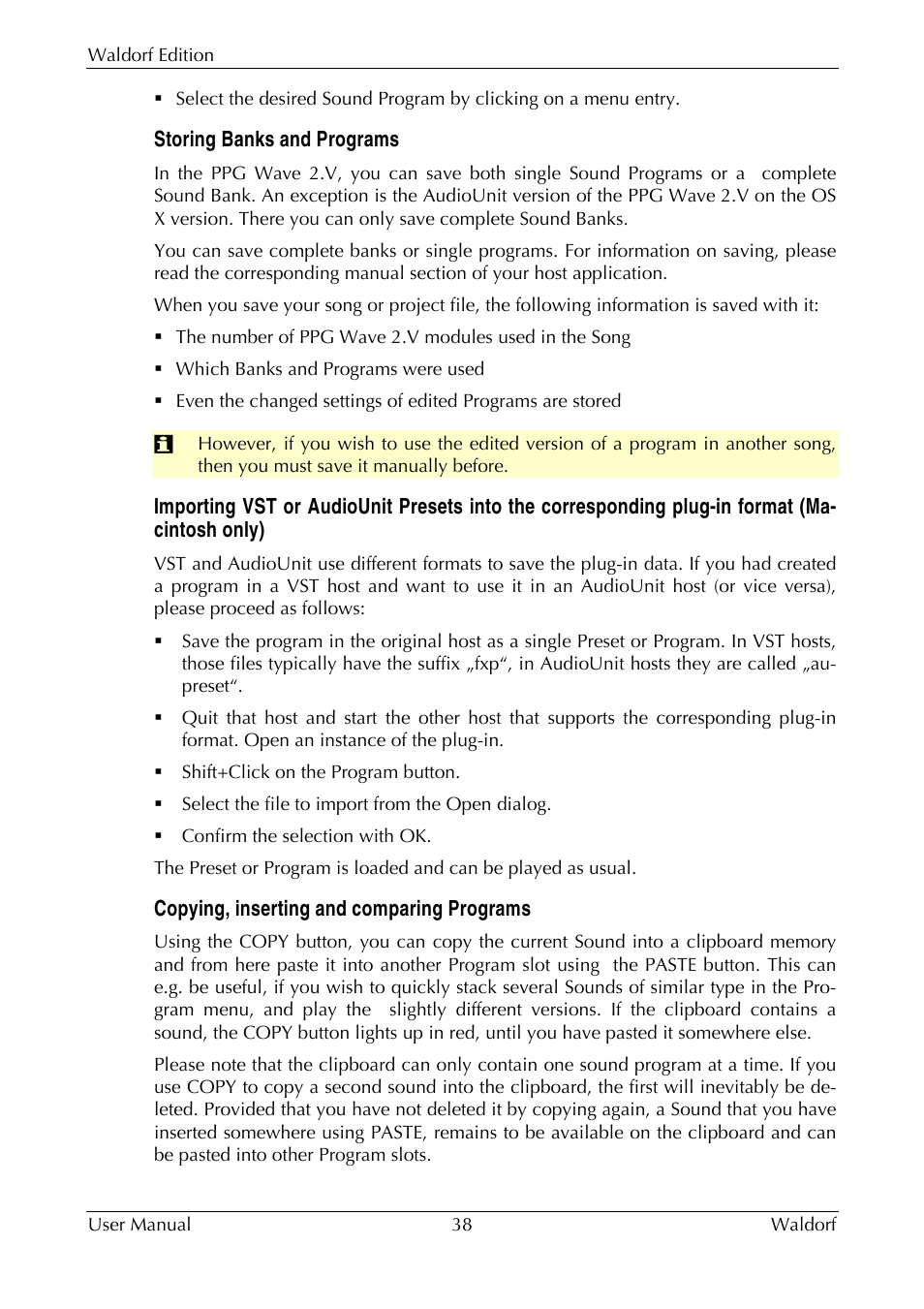 Storing banks and programs, Importing vst or audiounit presets, Copying, inserting and comparing programs | Waldorf Edition User Manual | Page 38 / 88