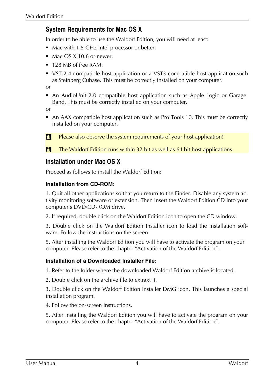 System requirements for mac os x, Installation under mac os x | Waldorf Edition User Manual | Page 4 / 88