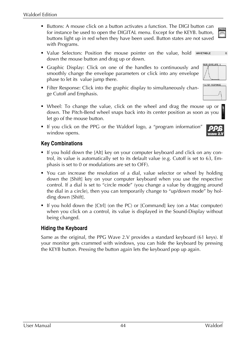 Key combinations, Hiding the keyboard | Waldorf Edition User Manual | Page 44 / 88