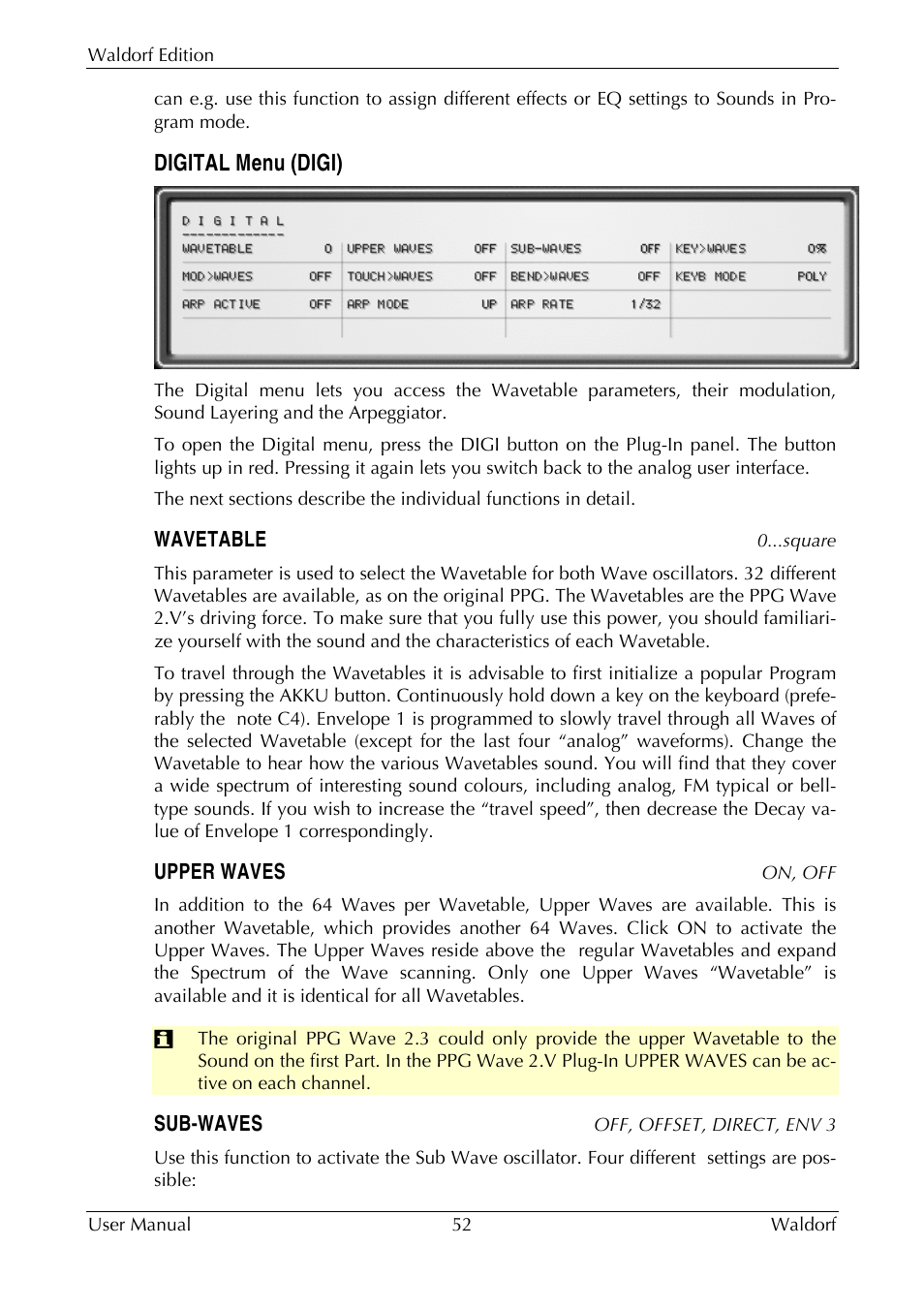 Digital menu (digi) | Waldorf Edition User Manual | Page 52 / 88