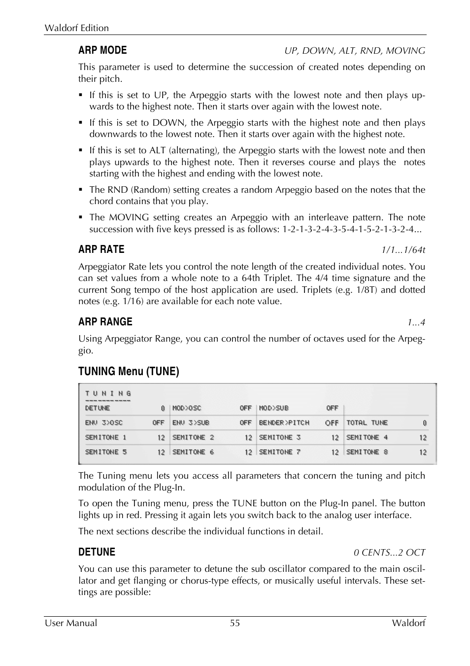 Tuning menu (tune) | Waldorf Edition User Manual | Page 55 / 88