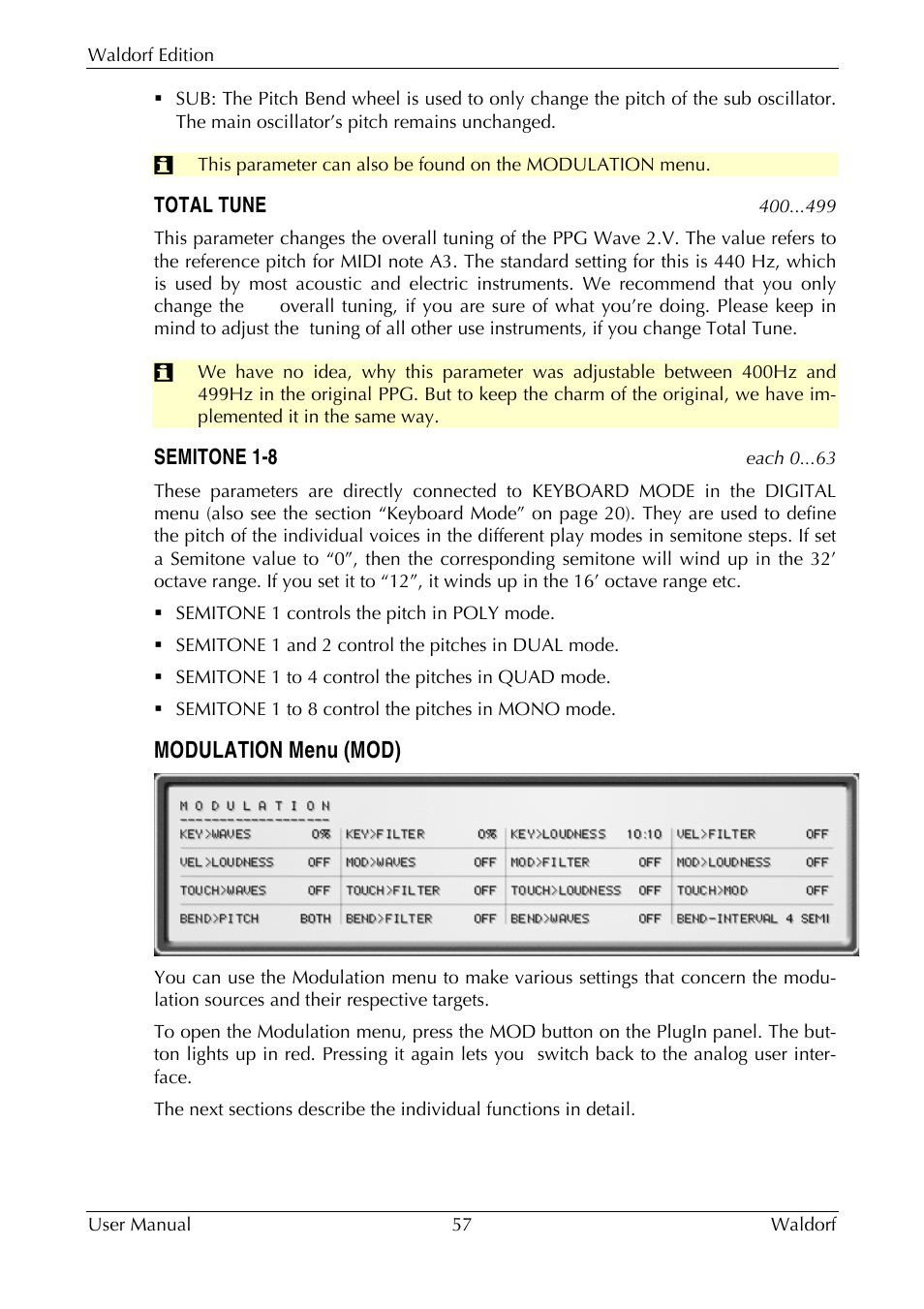 Modulation menu (mod) | Waldorf Edition User Manual | Page 57 / 88