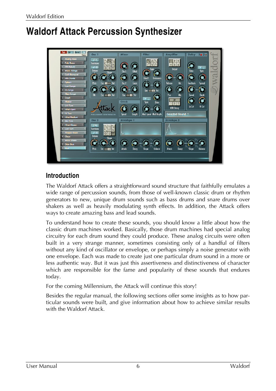 Attack percussion synthesizer, Introduction, Waldorf attack percussion synthesizer | Waldorf Edition User Manual | Page 6 / 88