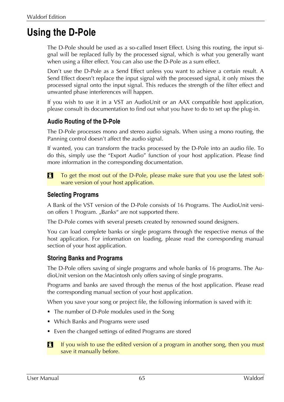 Using the d-pole, Audio routing of the d-pole, Selecting programs | Storing banks and programs | Waldorf Edition User Manual | Page 65 / 88