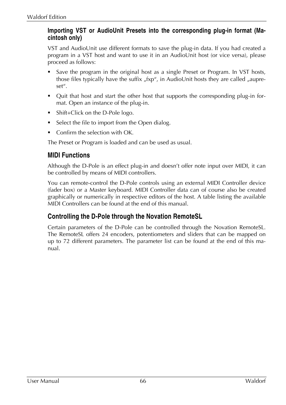 Importing vst or audiounit presets, Midi functions | Waldorf Edition User Manual | Page 66 / 88