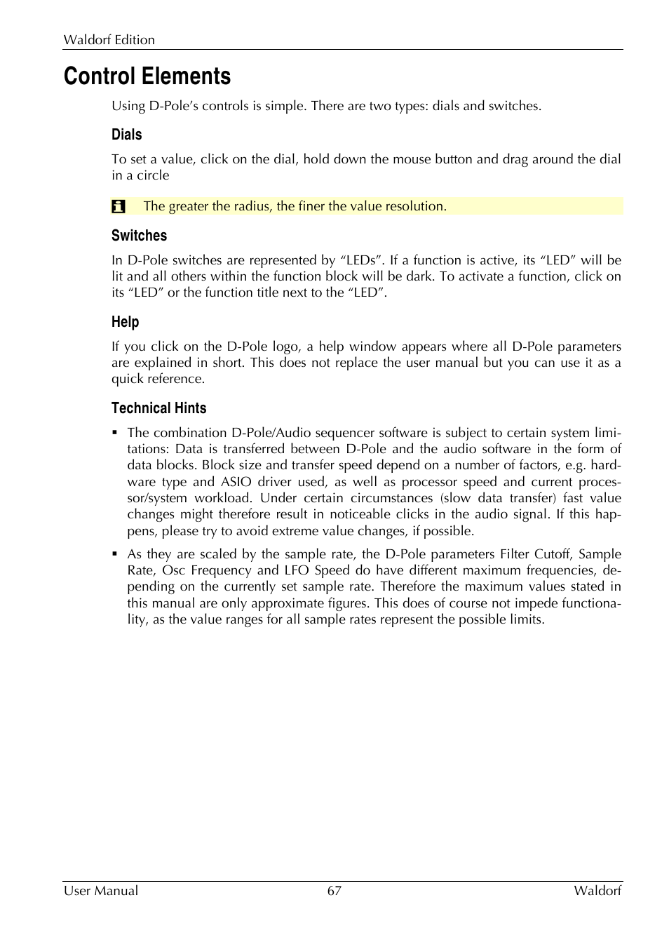 Control elements, Dials, Switches | Help, Technical hints | Waldorf Edition User Manual | Page 67 / 88