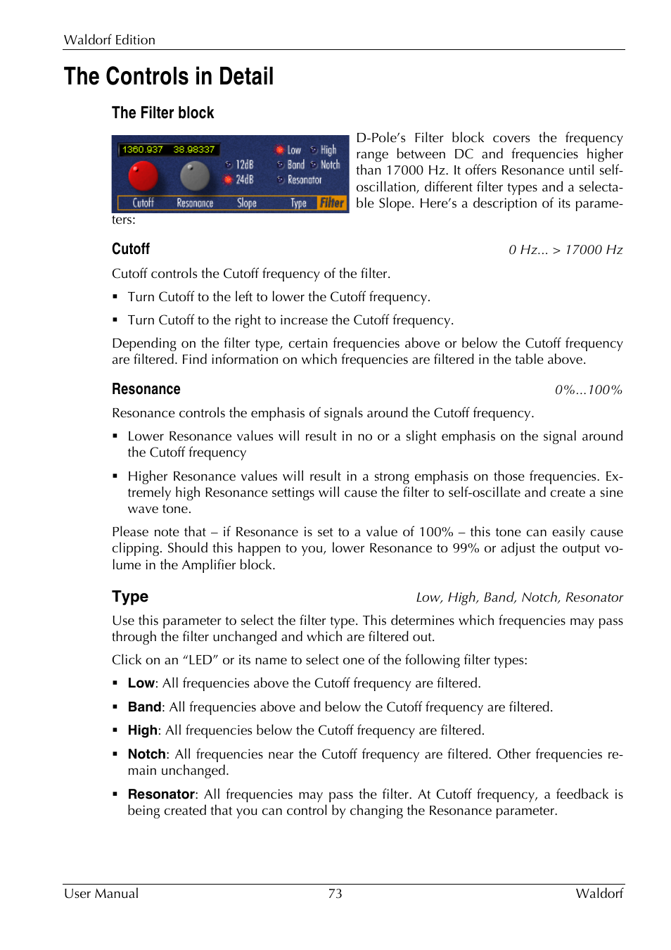 The controls in detail, The filter block | Waldorf Edition User Manual | Page 73 / 88