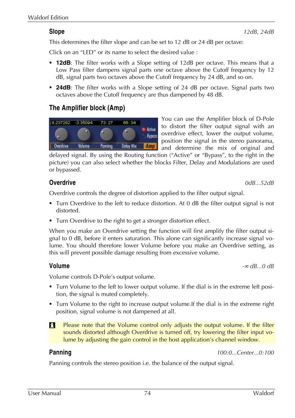 The amplifier block (amp) | Waldorf Edition User Manual | Page 74 / 88