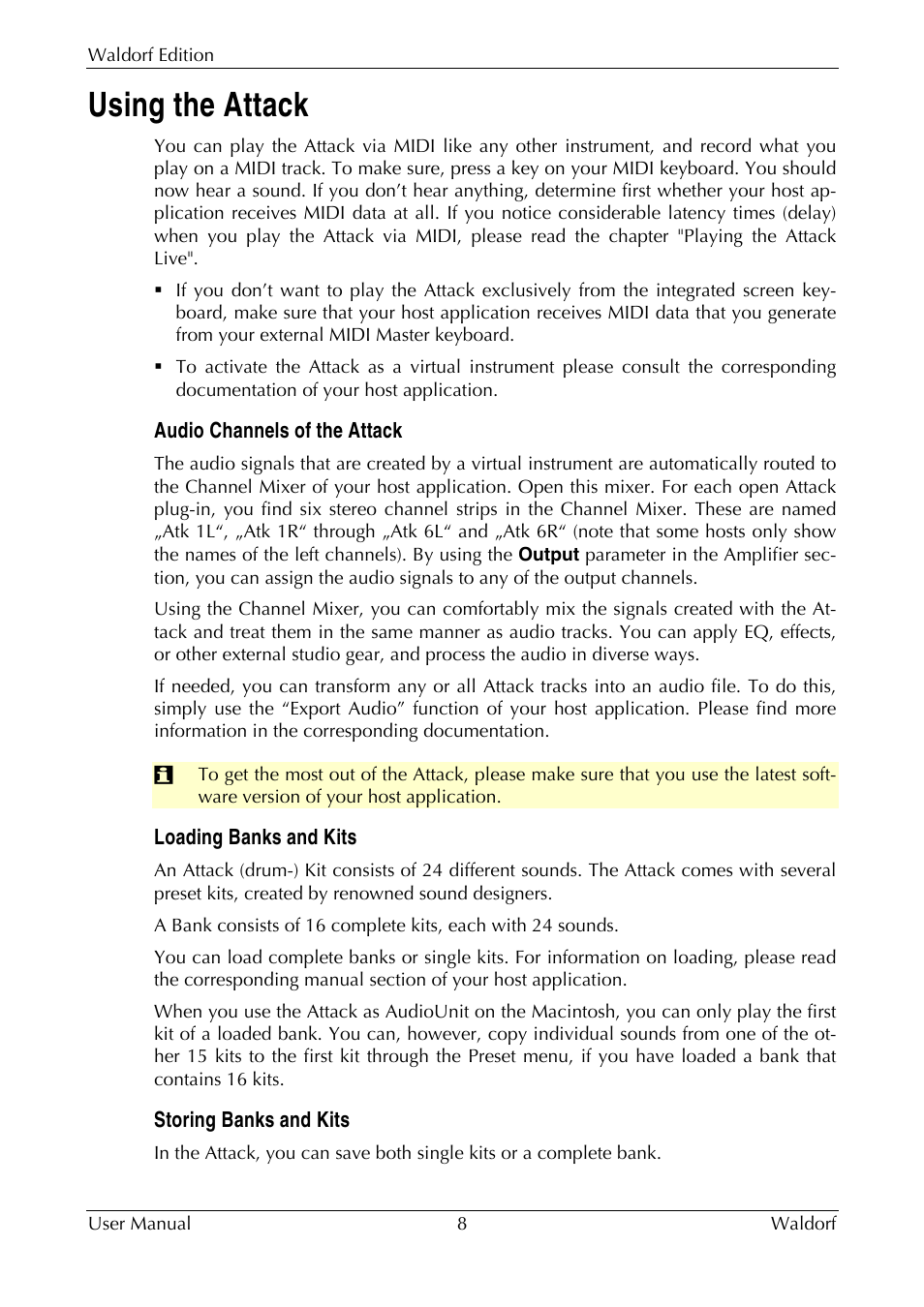 Using the attack, Audio channels of the attack, Loading banks and kits | Storing banks and kits | Waldorf Edition User Manual | Page 8 / 88