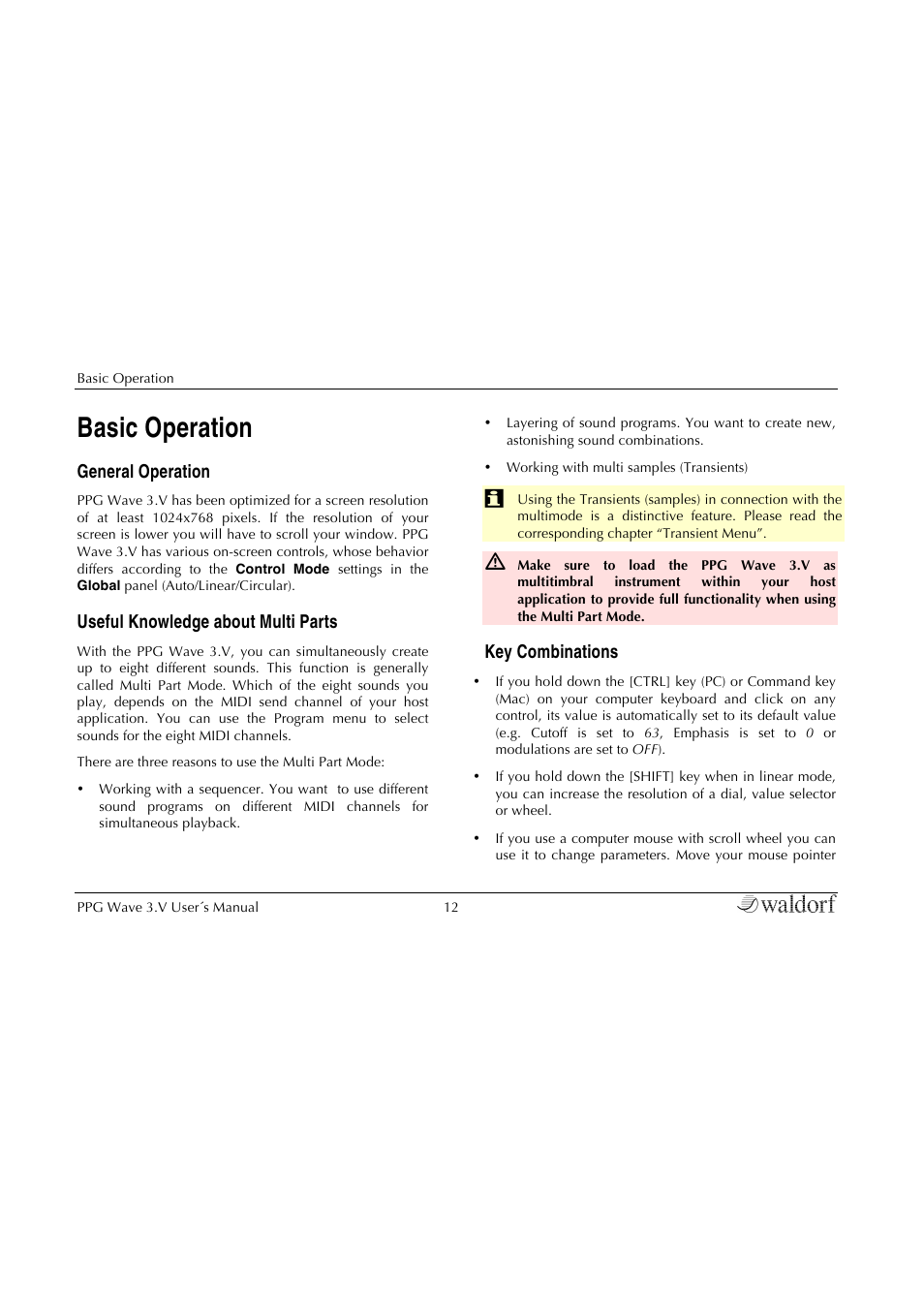 Basic operation, General operation, Useful knowledge about multi parts | Key combinations | Waldorf Wave 3.v User Manual | Page 12 / 82