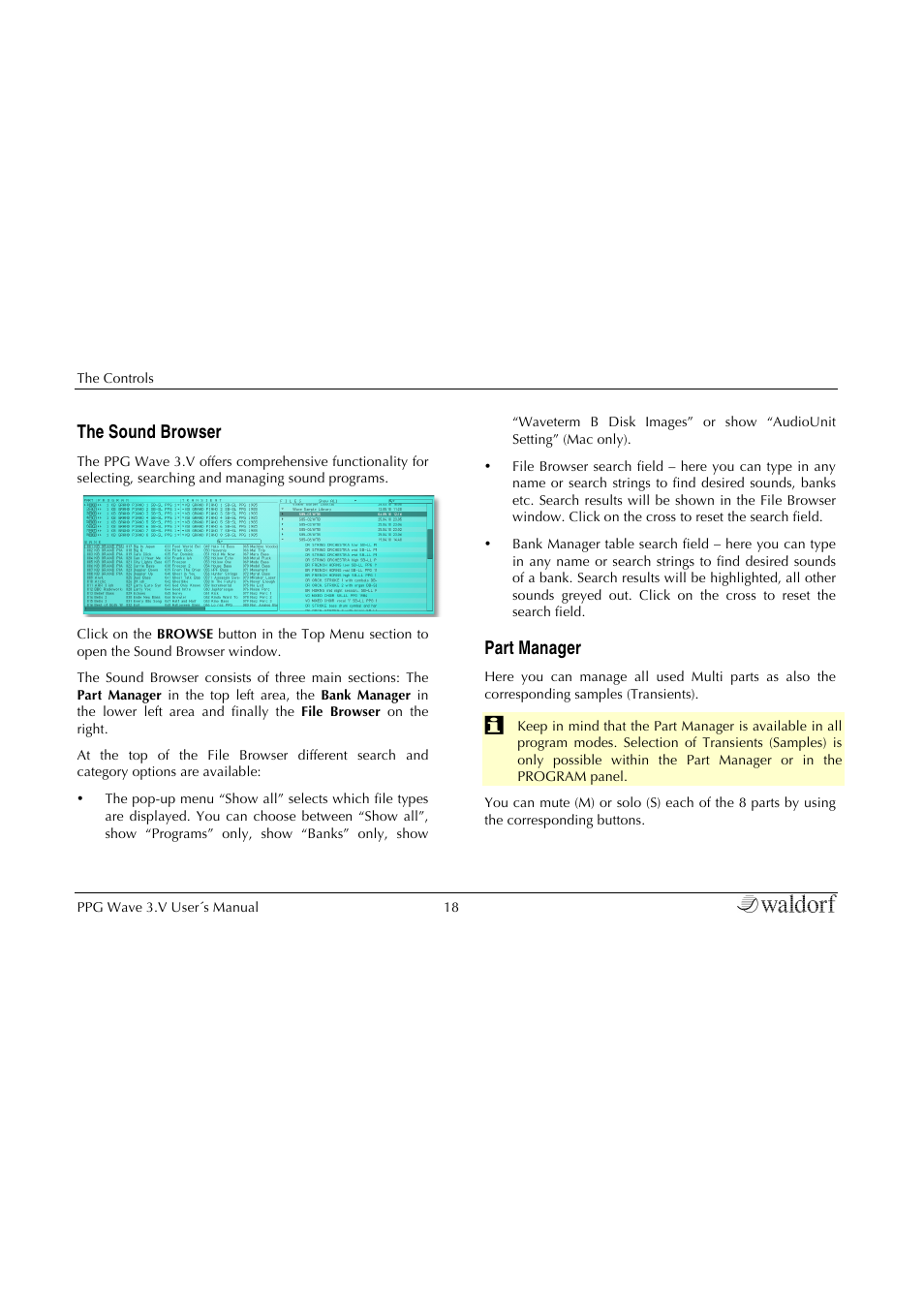 The sound browser, Part manager | Waldorf Wave 3.v User Manual | Page 18 / 82