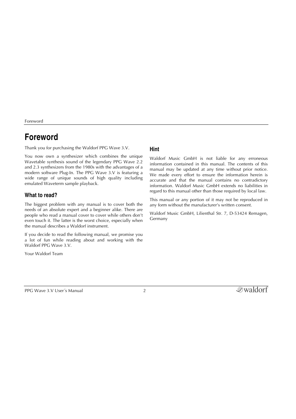 Foreword, What to read, Hint | Waldorf Wave 3.v User Manual | Page 2 / 82