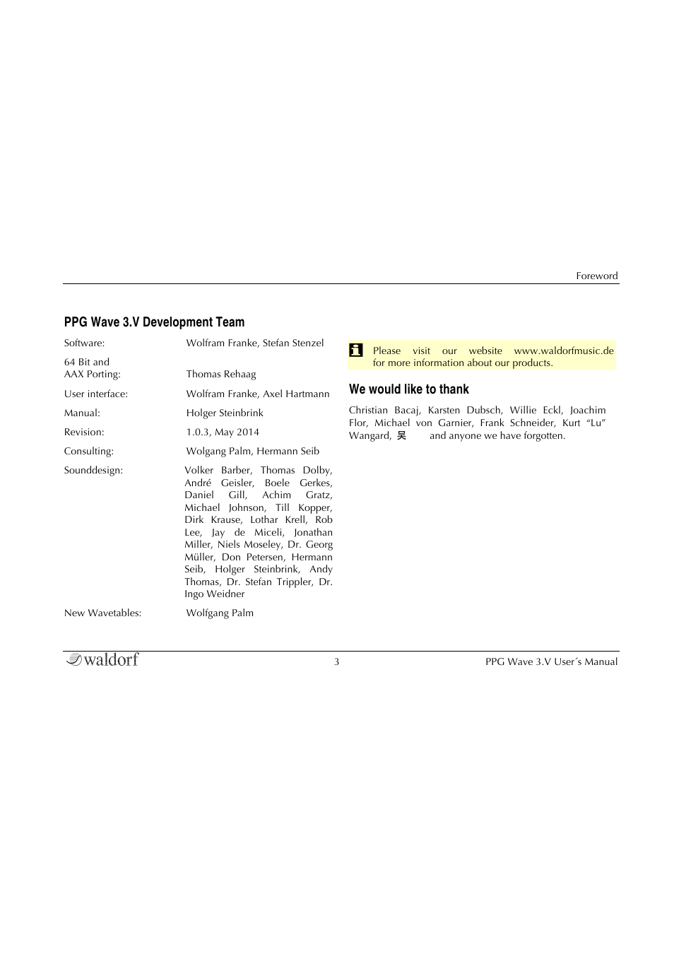 Ppg wave 3.v development team | Waldorf Wave 3.v User Manual | Page 3 / 82