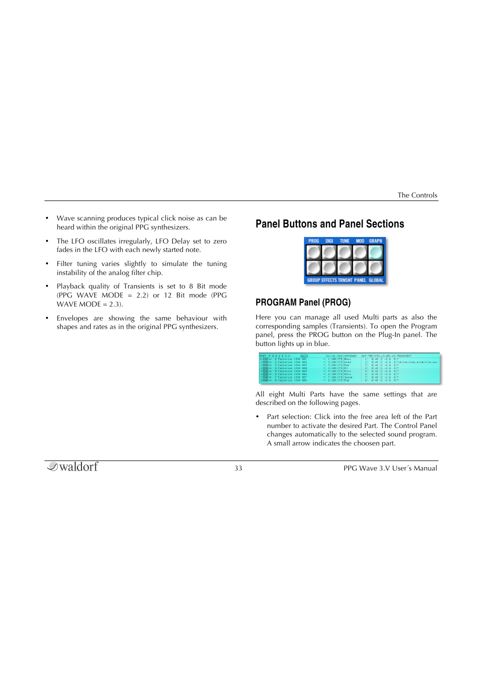 Panel buttons and panel sections, Program panel (prog) | Waldorf Wave 3.v User Manual | Page 33 / 82