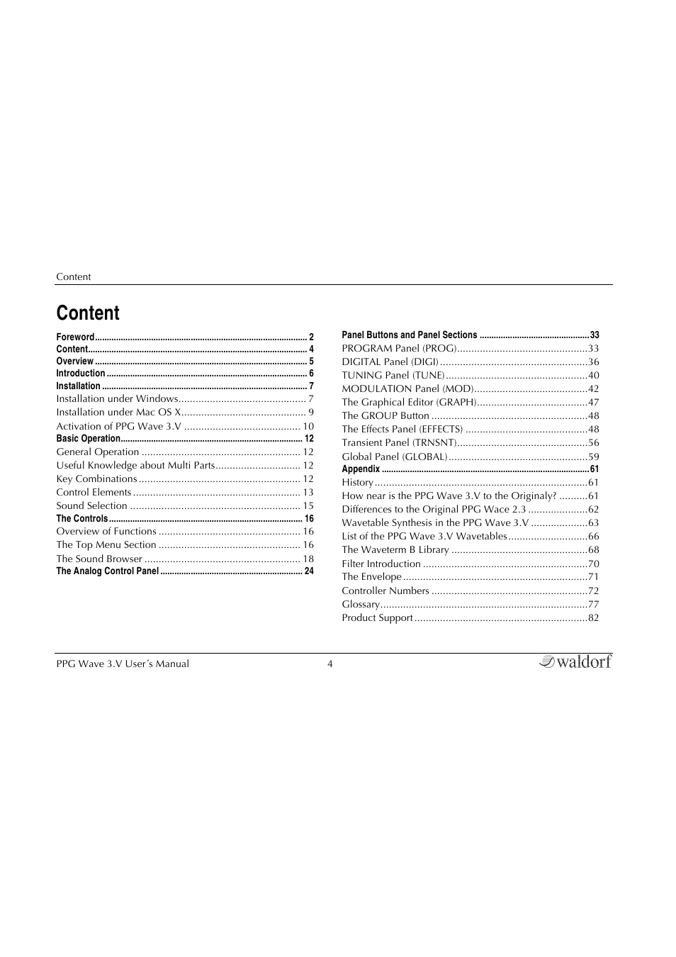 Content | Waldorf Wave 3.v User Manual | Page 4 / 82