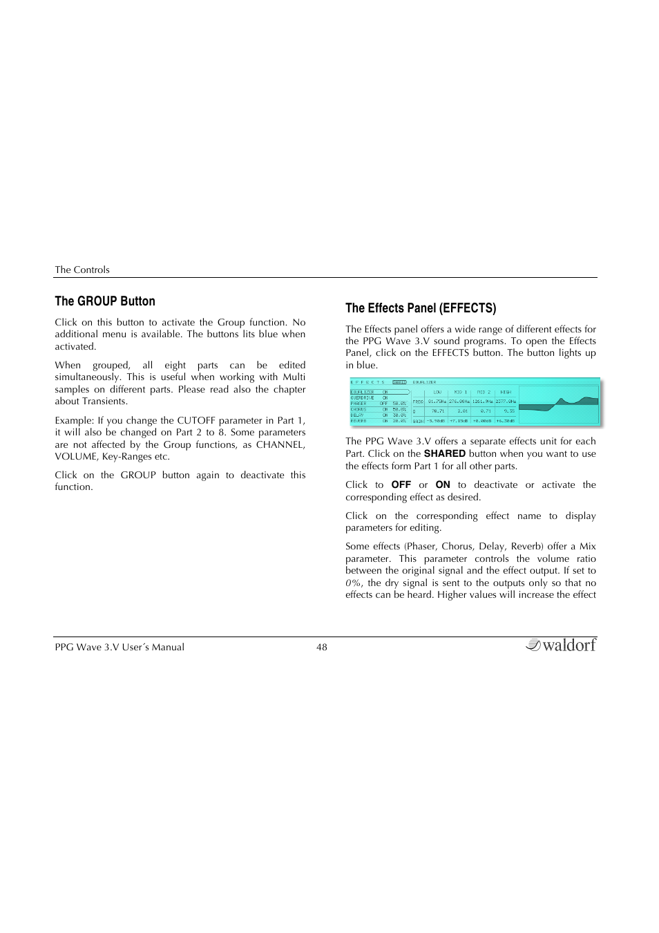 The group button, The effects panel (effects) | Waldorf Wave 3.v User Manual | Page 48 / 82