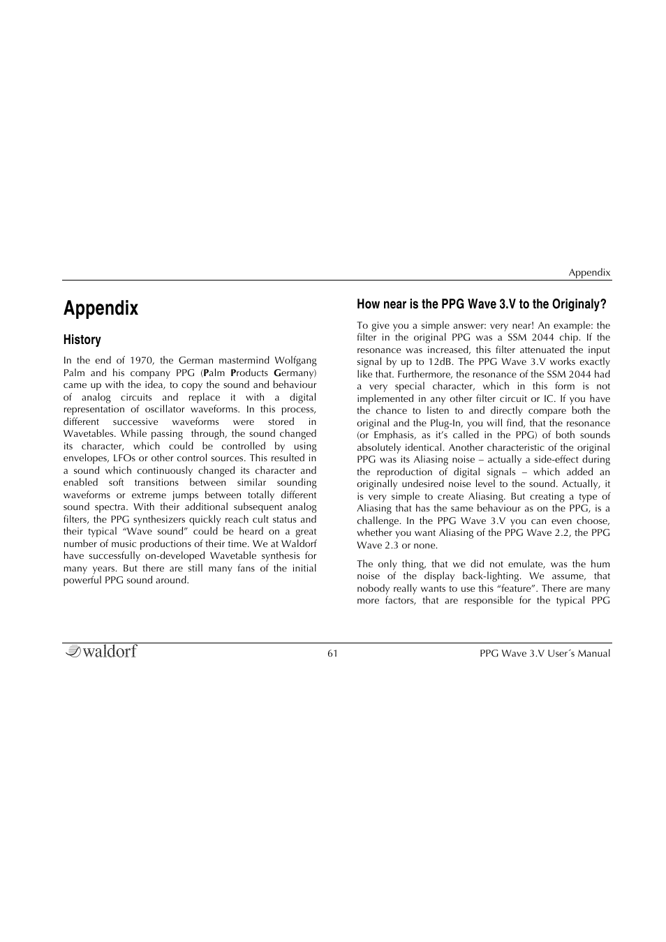 Appendix, History, How near is the ppg wave 3.v to the originaly | Waldorf Wave 3.v User Manual | Page 61 / 82