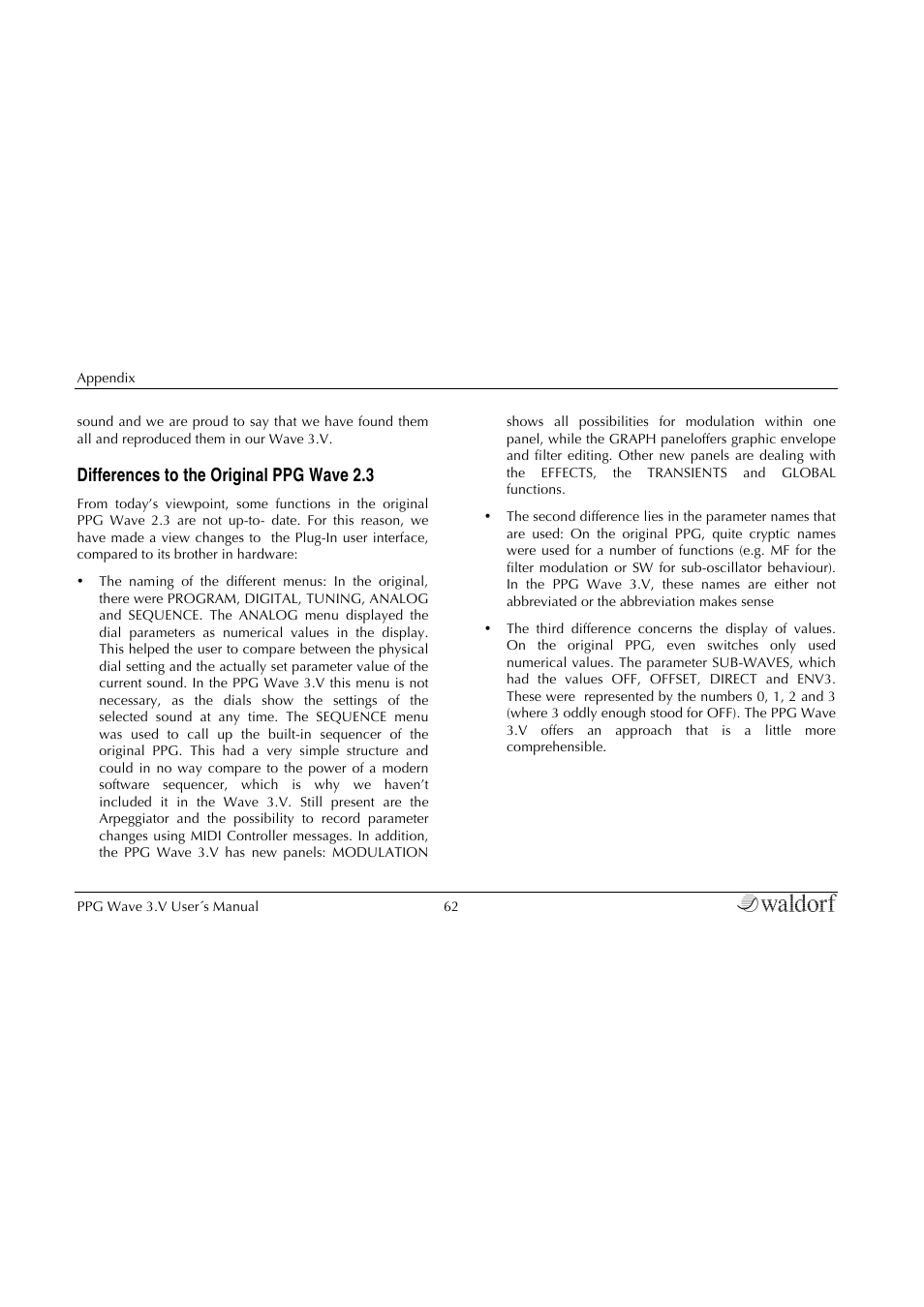 Differences to the original ppg wave 2.3 | Waldorf Wave 3.v User Manual | Page 62 / 82