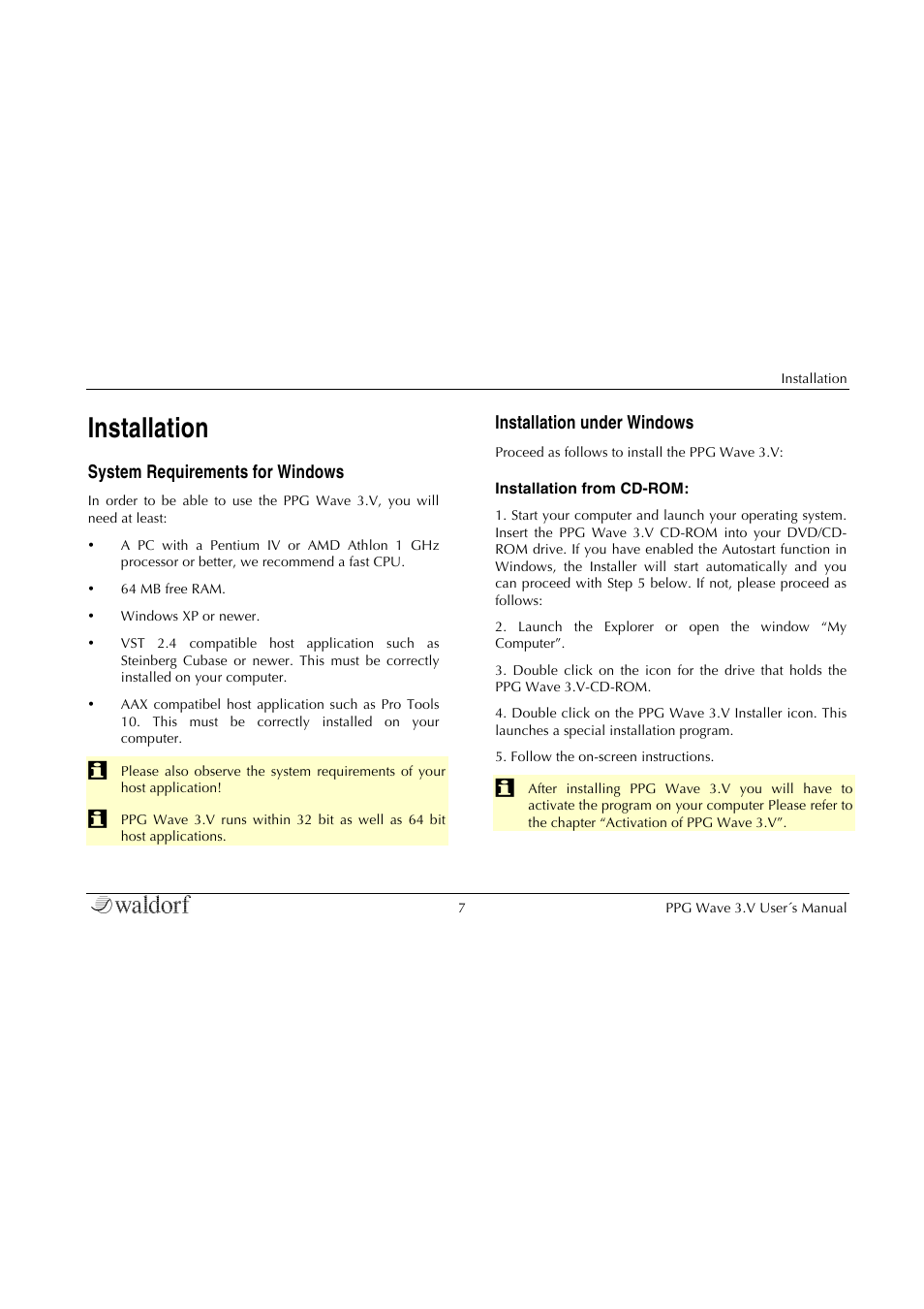 Installation, System requirements for windows, Installation under windows | Waldorf Wave 3.v User Manual | Page 7 / 82