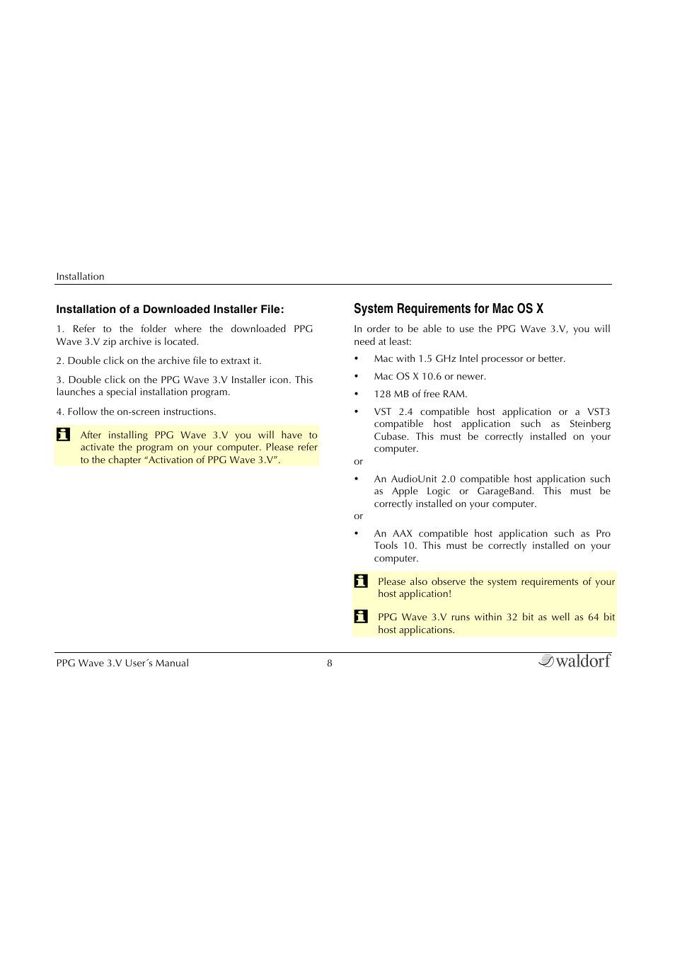 System requirements for mac os x | Waldorf Wave 3.v User Manual | Page 8 / 82