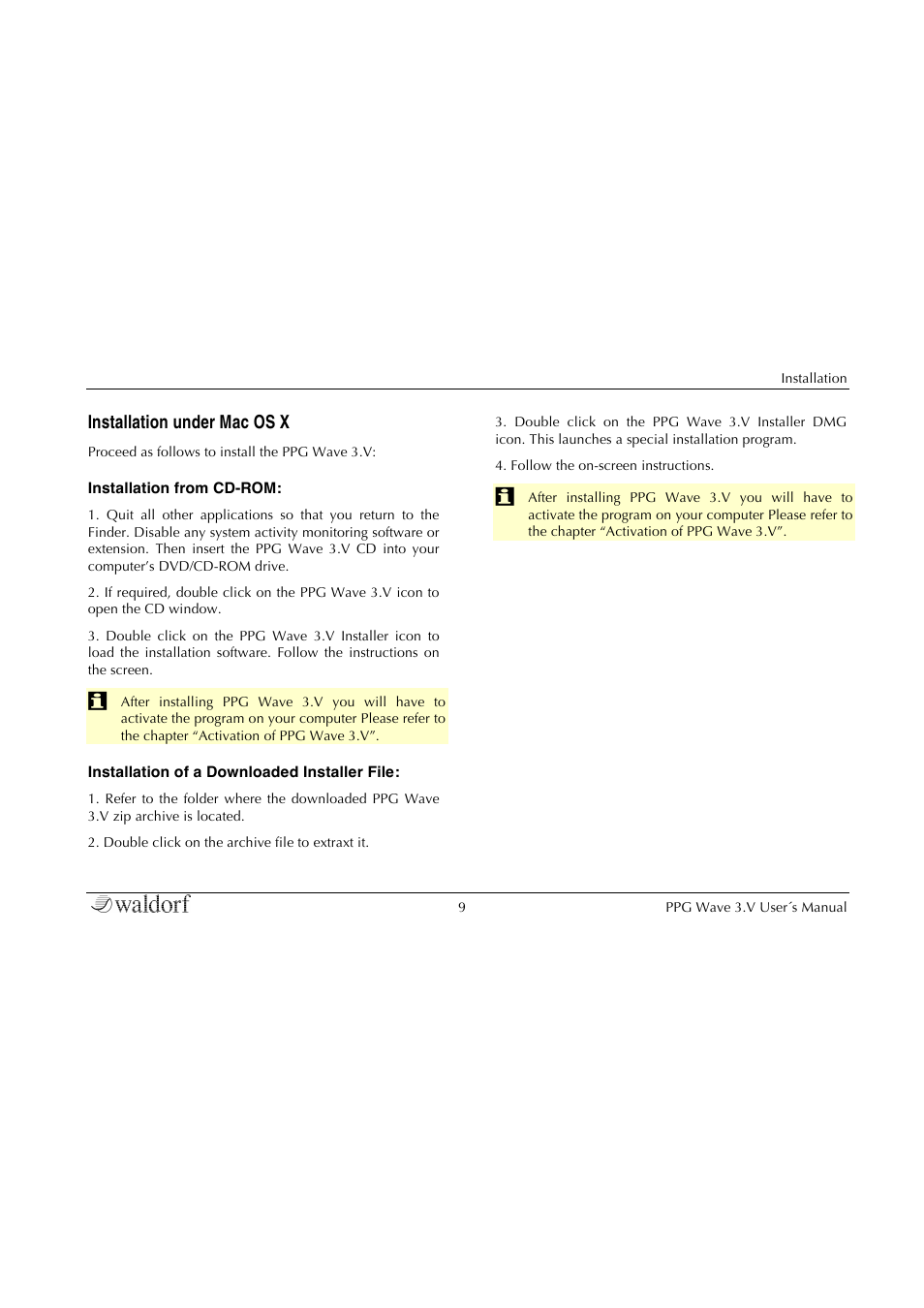 Installation under mac os x | Waldorf Wave 3.v User Manual | Page 9 / 82