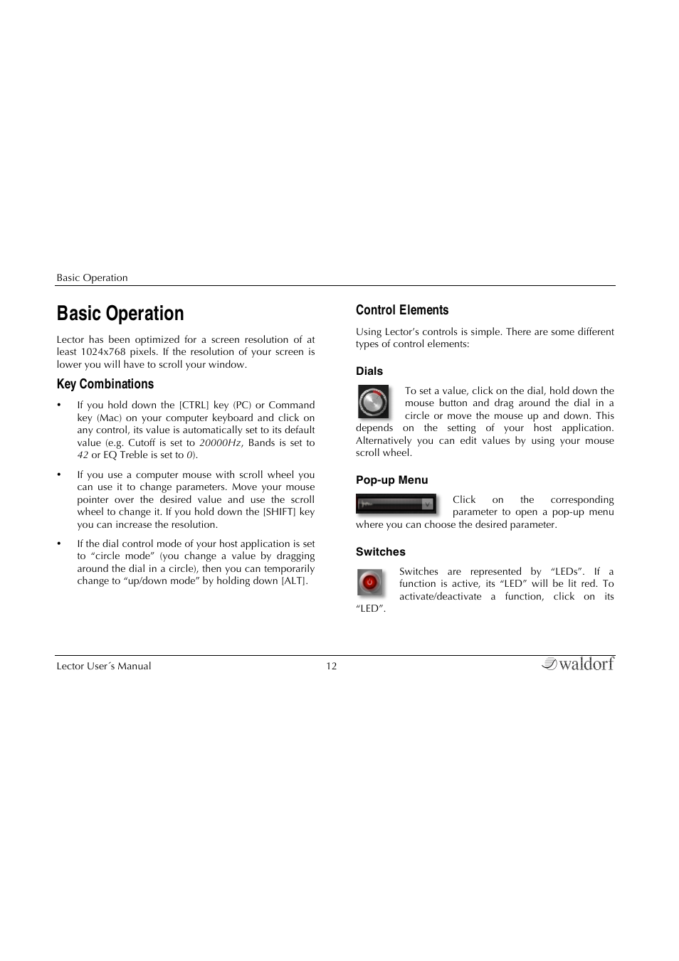 Basic operation, Key combinations, Control elements | Waldorf Lector User Manual | Page 12 / 48