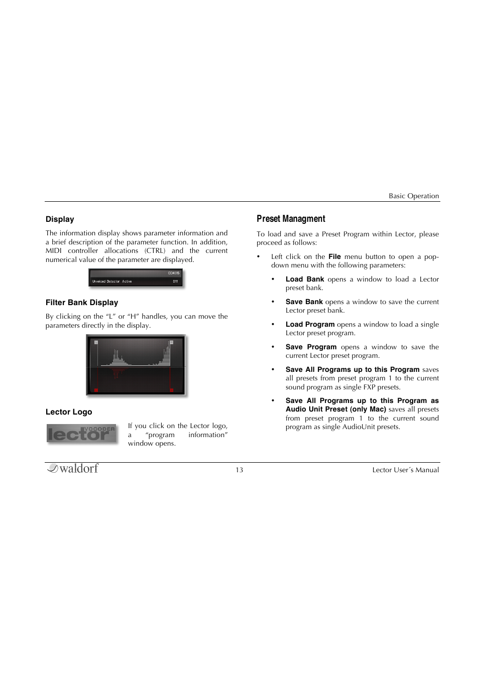 Preset managment | Waldorf Lector User Manual | Page 13 / 48