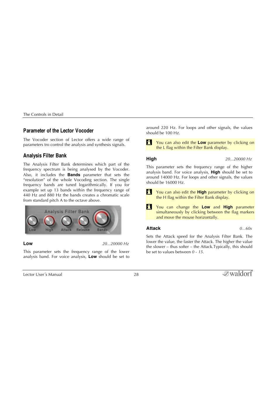 Parameter of the lector vocoder, Analysis filter bank | Waldorf Lector User Manual | Page 28 / 48