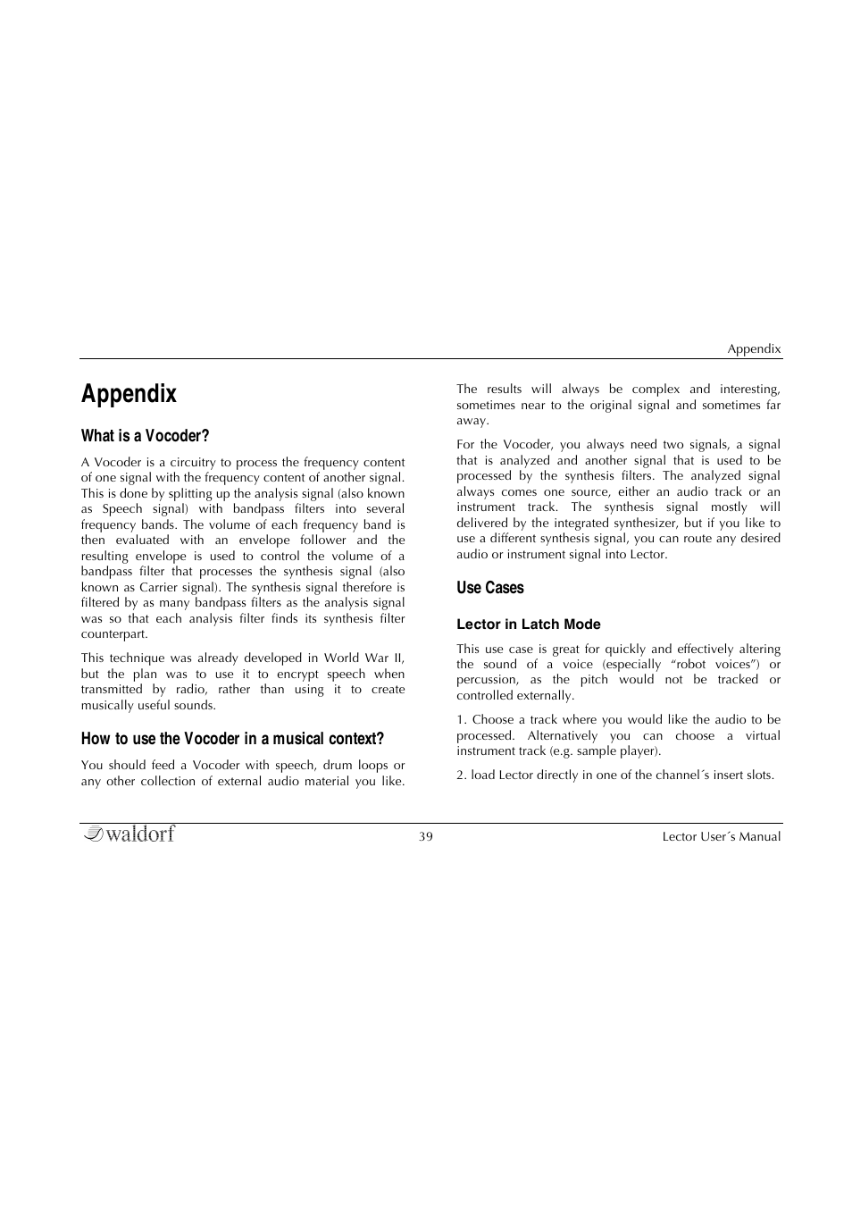 Appendix, What is a vocoder, How to use the vocoder in a musical context | Use cases | Waldorf Lector User Manual | Page 39 / 48