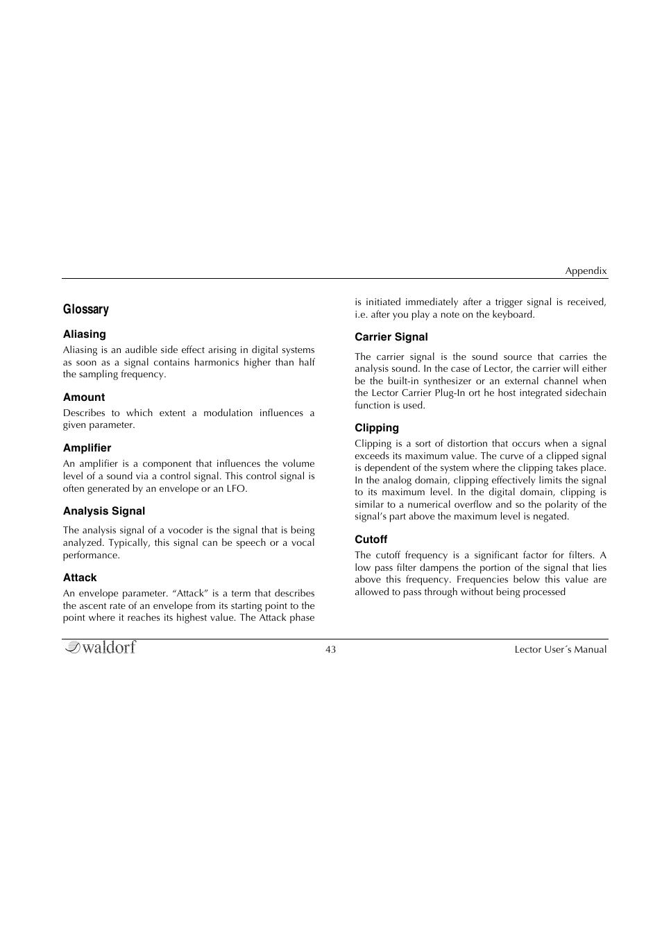 Glossary | Waldorf Lector User Manual | Page 43 / 48