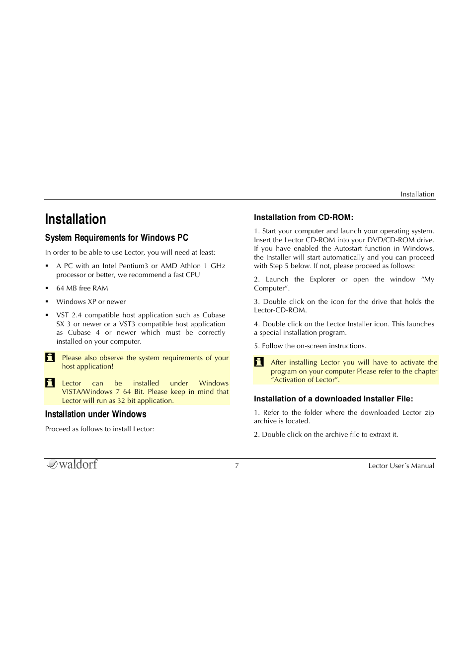 Installation, System requirements for windows pc, Installation under windows | Waldorf Lector User Manual | Page 7 / 48