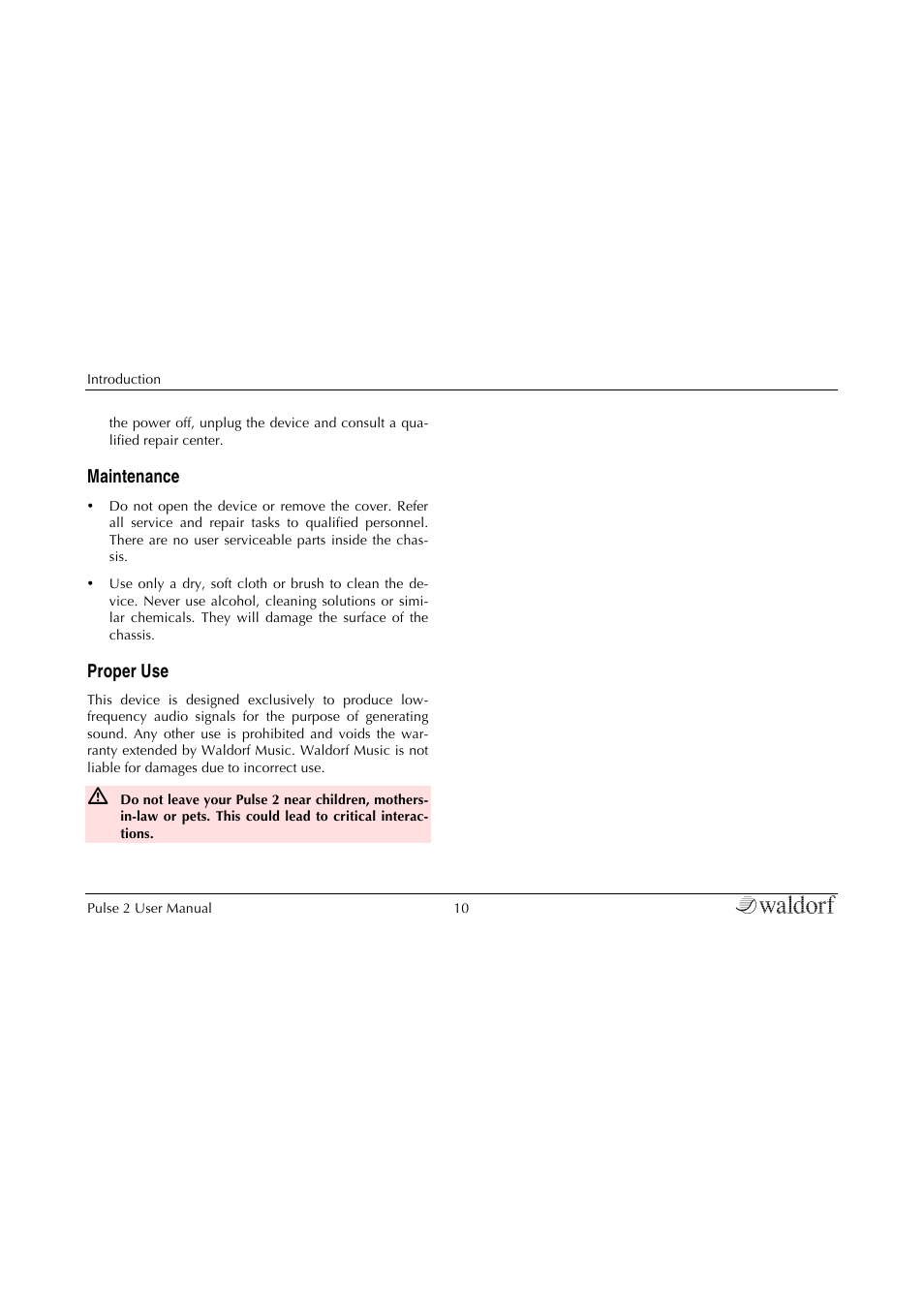 Maintenance, Proper use | Waldorf Pulse 2 User Manual | Page 10 / 73