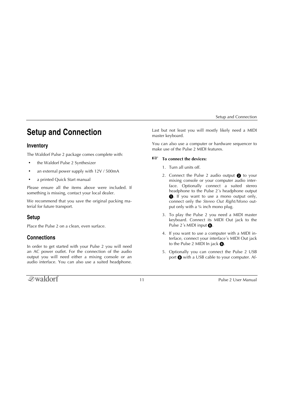 Setup and connection, Inventory, Setup | Connections | Waldorf Pulse 2 User Manual | Page 11 / 73