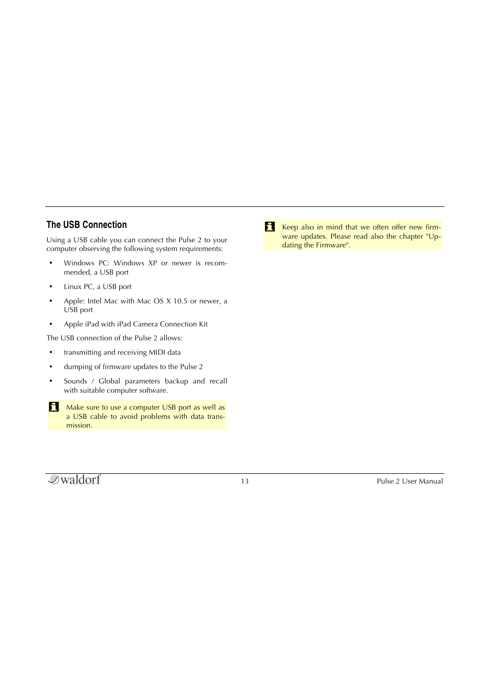 The usb connection | Waldorf Pulse 2 User Manual | Page 13 / 73