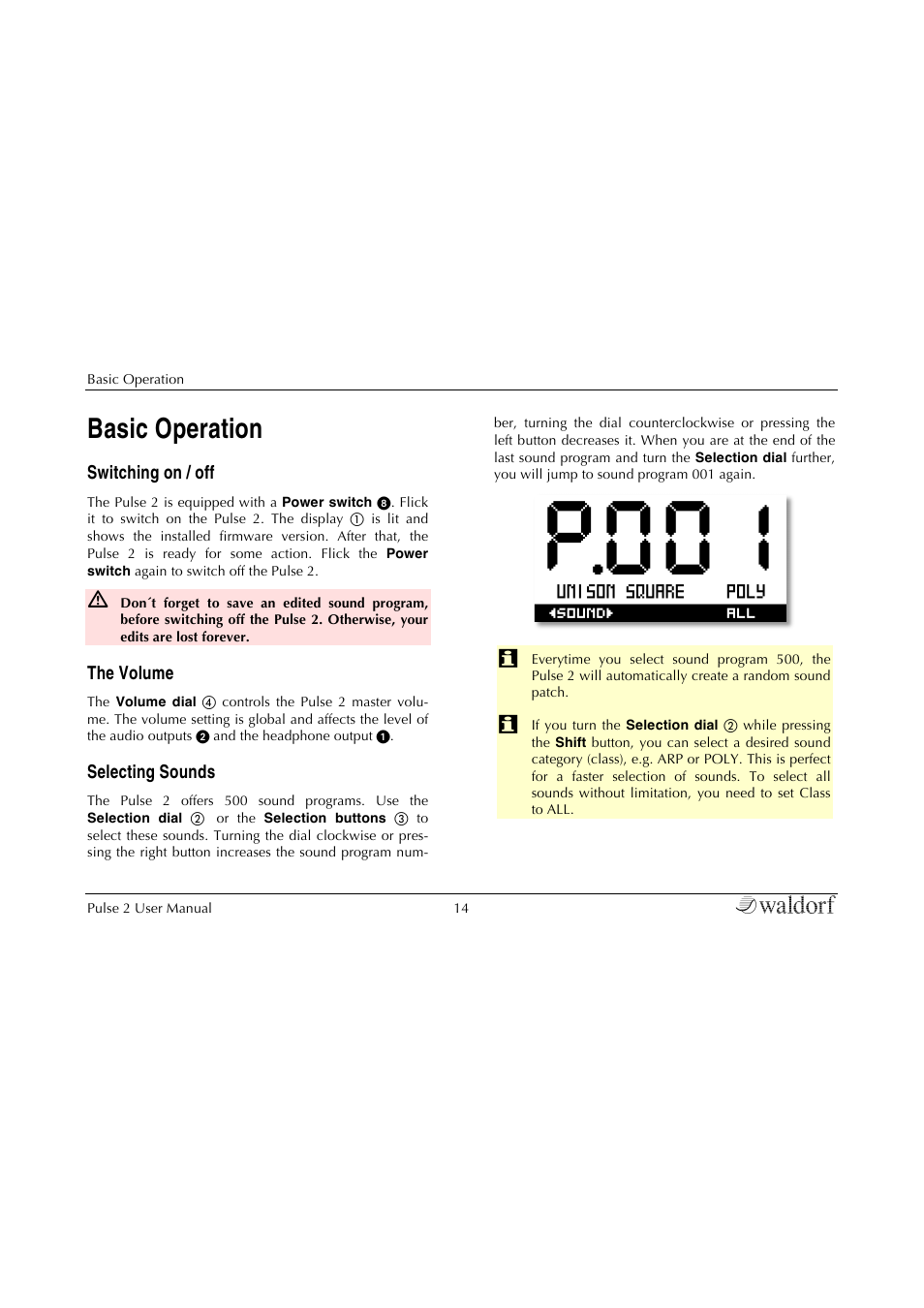 Basic operation, Switching on / off, The volume | Selecting sounds | Waldorf Pulse 2 User Manual | Page 14 / 73
