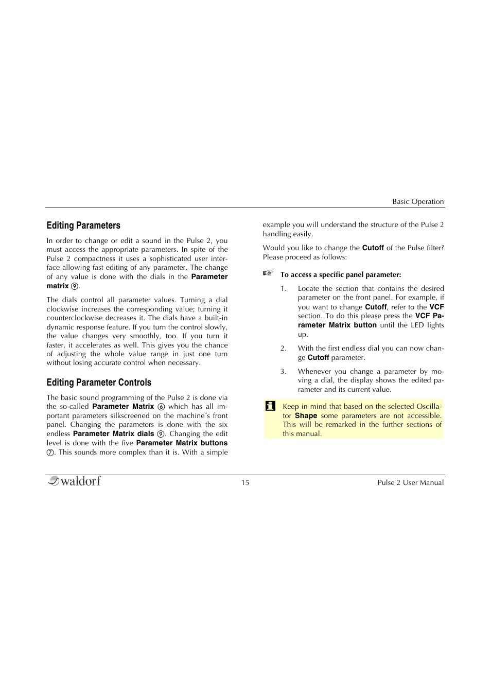 Editing parameters, Editing parameter controls | Waldorf Pulse 2 User Manual | Page 15 / 73