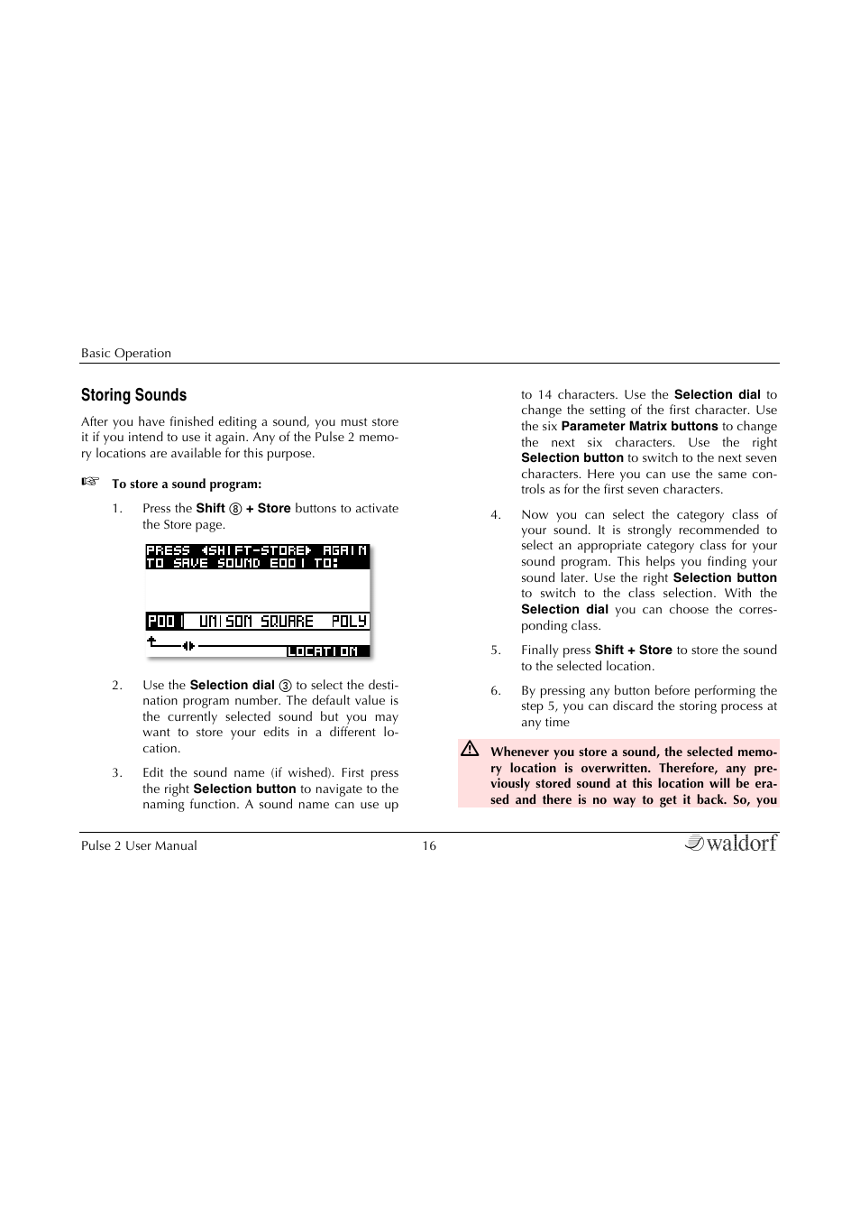 Storing sounds | Waldorf Pulse 2 User Manual | Page 16 / 73