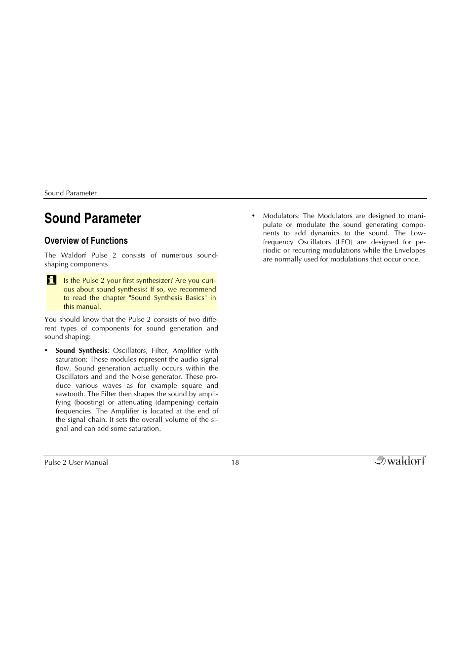 Sound parameter, Overview of functions | Waldorf Pulse 2 User Manual | Page 18 / 73