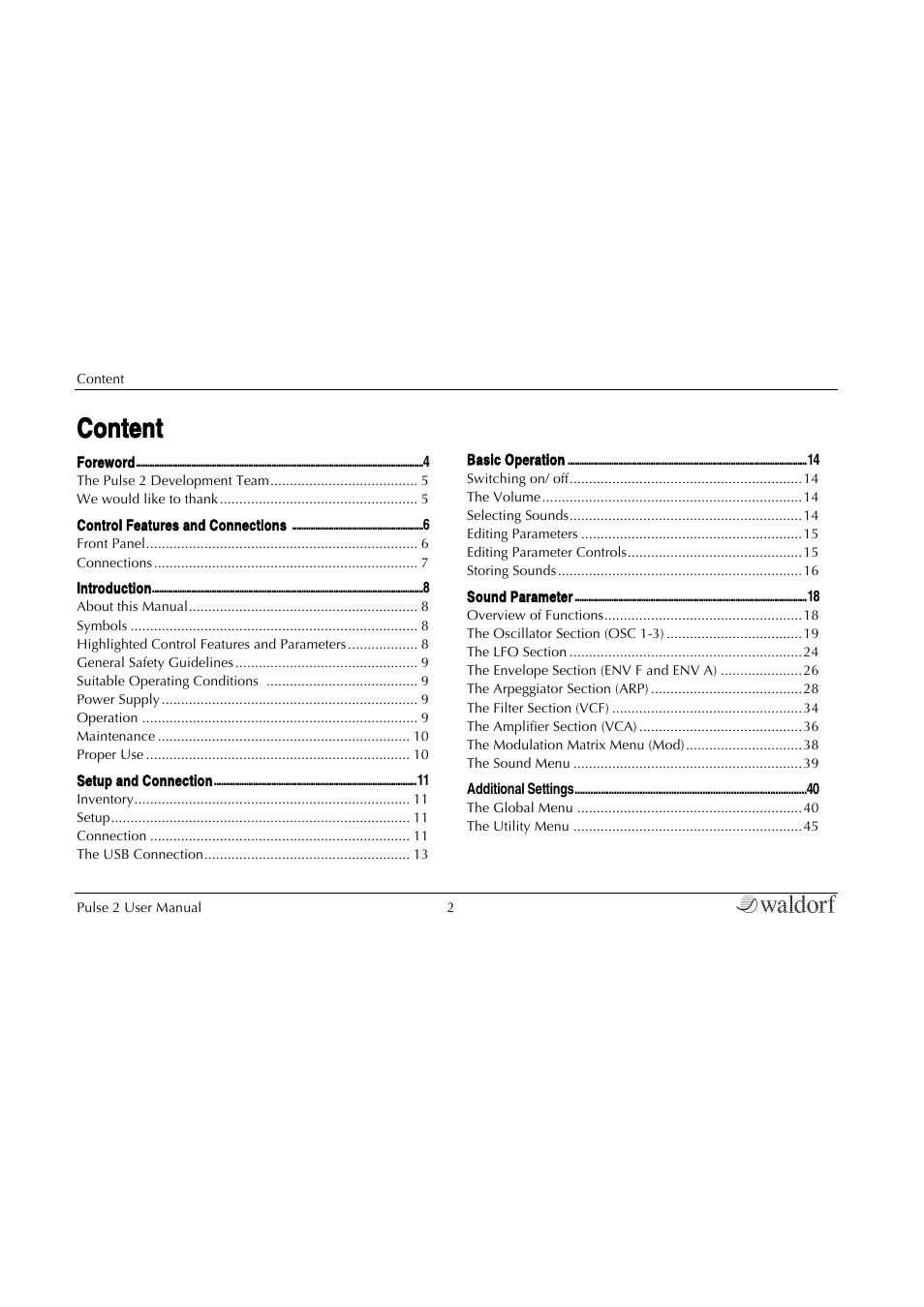 Content | Waldorf Pulse 2 User Manual | Page 2 / 73