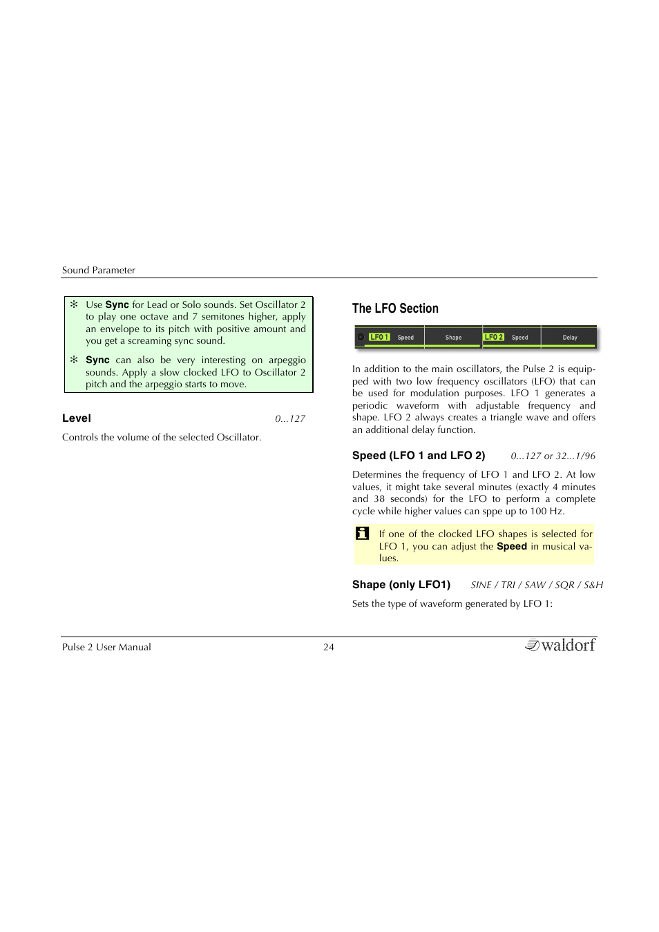 The lfo section | Waldorf Pulse 2 User Manual | Page 24 / 73