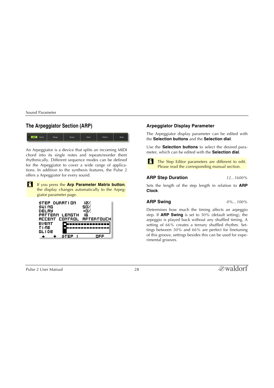 The arpeggiator sec | Waldorf Pulse 2 User Manual | Page 28 / 73