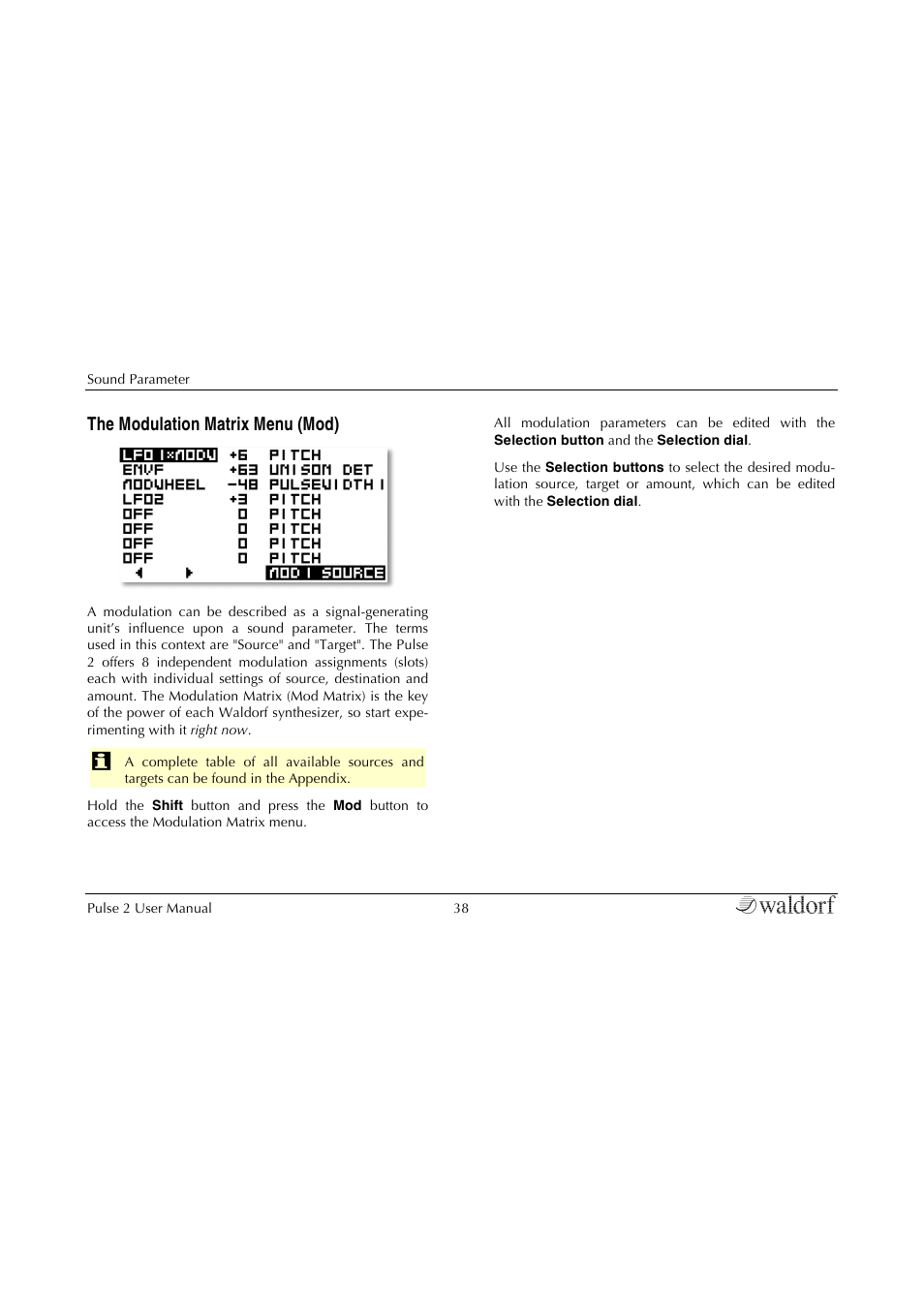 The modulation matrix menu, The modulation matrix menu (mod) | Waldorf Pulse 2 User Manual | Page 38 / 73