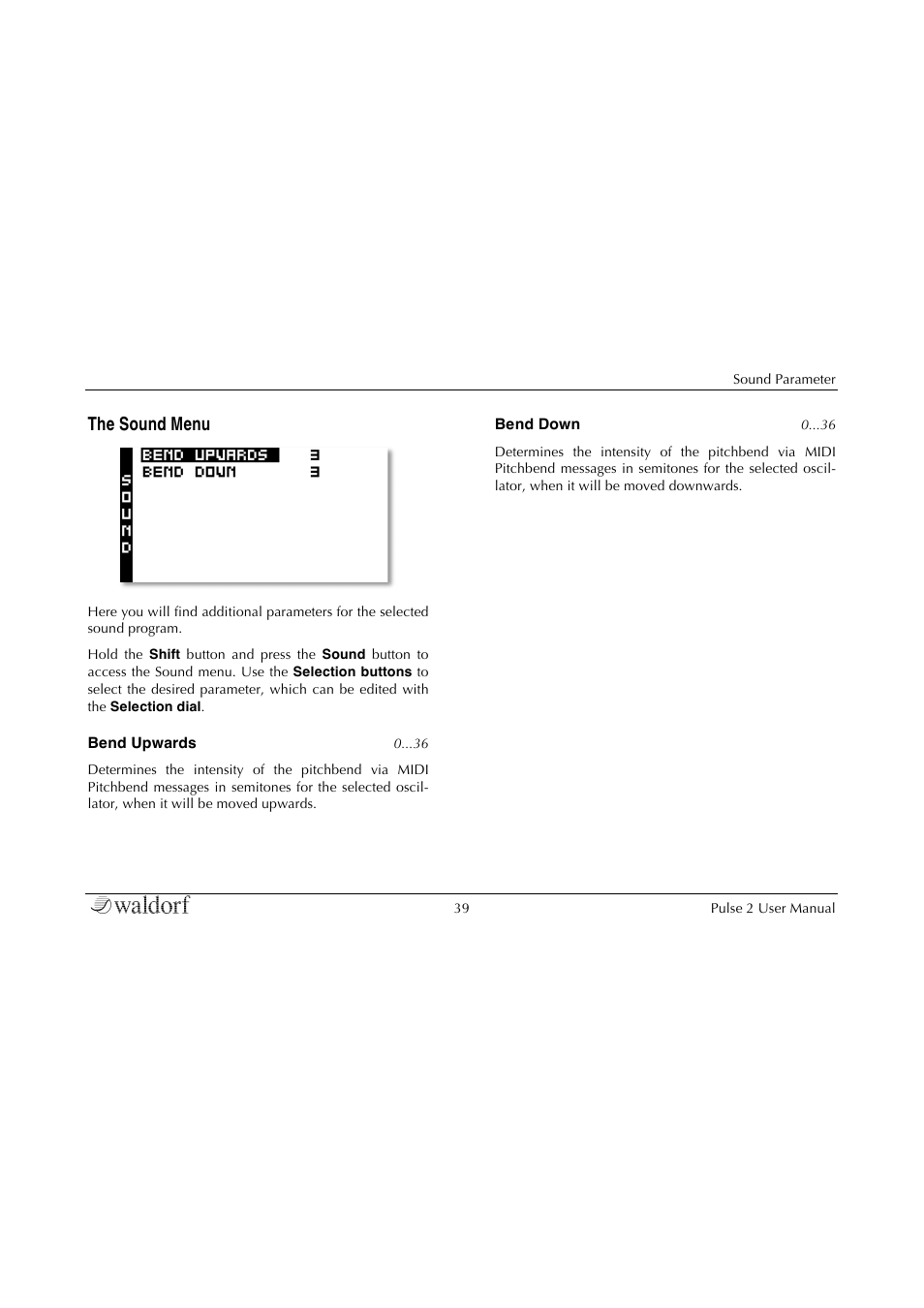 The sound menu | Waldorf Pulse 2 User Manual | Page 39 / 73