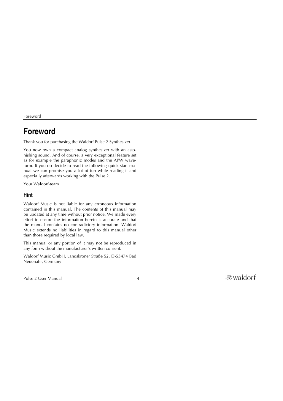 Foreword | Waldorf Pulse 2 User Manual | Page 4 / 73