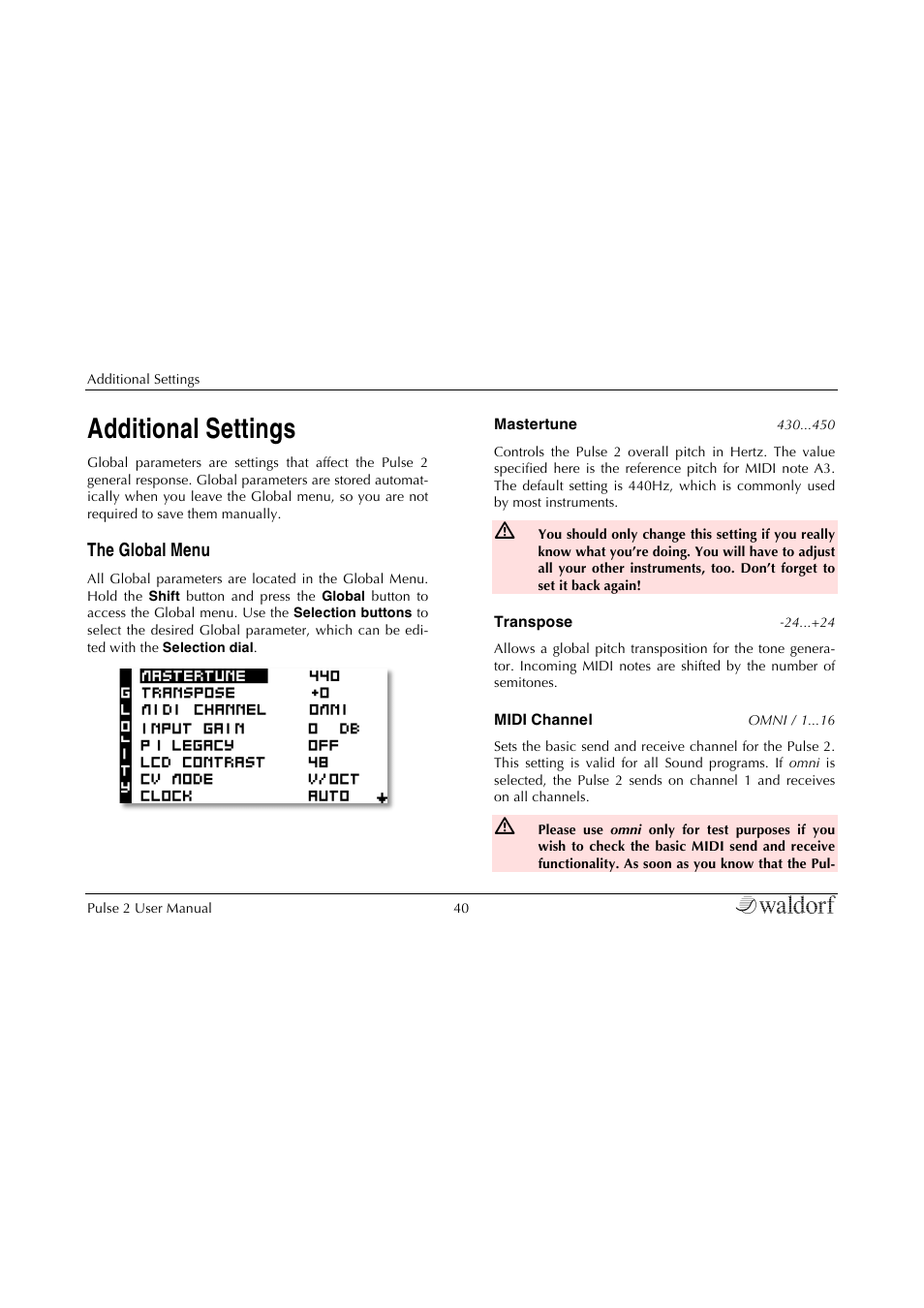 Additional settings, The global menu | Waldorf Pulse 2 User Manual | Page 40 / 73