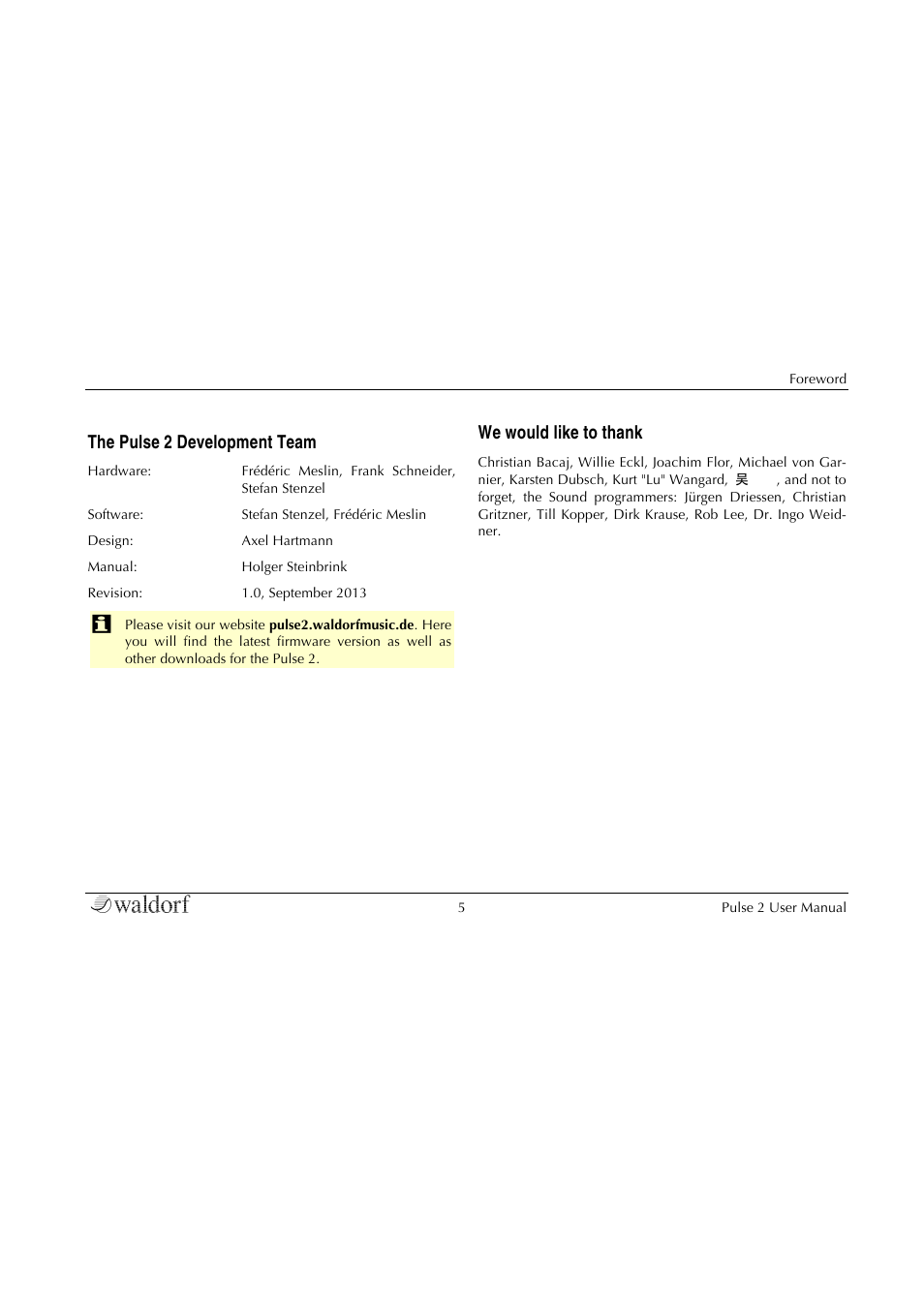 The pulse 2 development team, We would like to thank | Waldorf Pulse 2 User Manual | Page 5 / 73