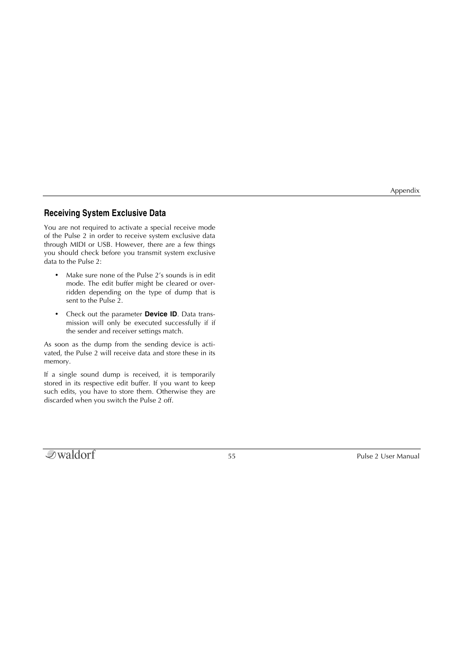 Receiving system exclusive data | Waldorf Pulse 2 User Manual | Page 55 / 73