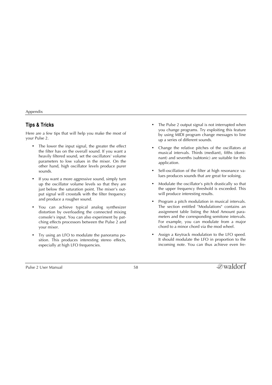 Tips & tricks | Waldorf Pulse 2 User Manual | Page 58 / 73